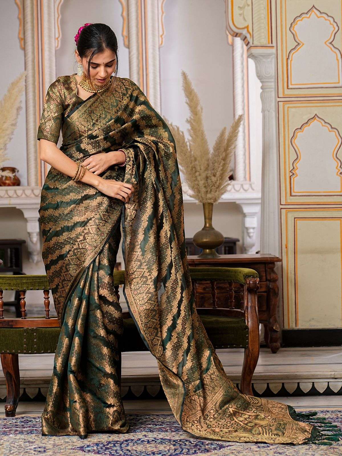 Dark Green Color Pure Organza Saree 